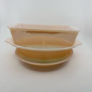 Vintage Fire King 3 Pcs-Bread Loaf Pan/Cake Pan/Split Platter Dish Peach White